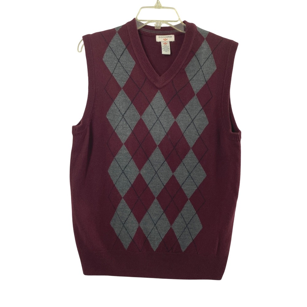 Mens Small Argyle Preppy Sweater Vest Maroon Grey Grandpacore Office Layering